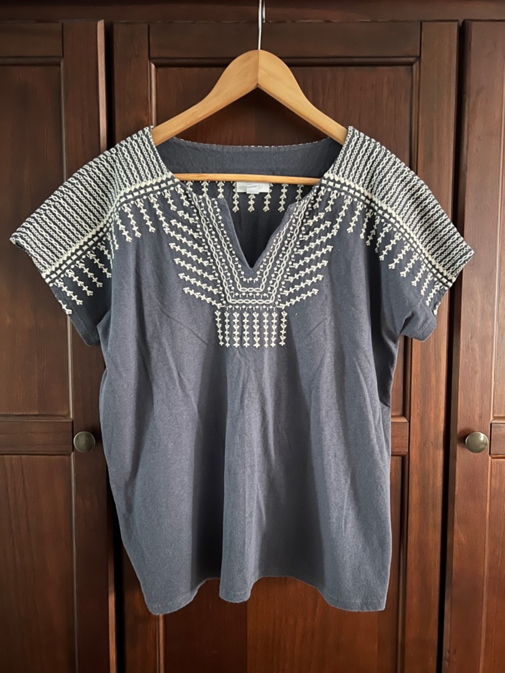 Boho Embroidered V-Neck Short Sleeve Top - Slate Blue SP Pure Jill
